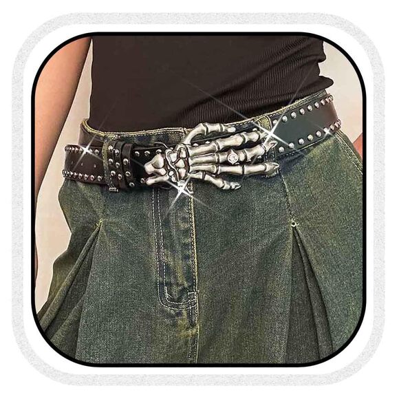 Accessories - 5731 Skeleton Hand Studded Leather Belt Black Punk Y2k Goth Rave